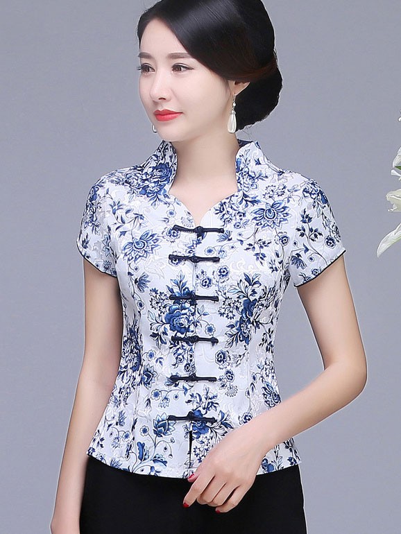 Blue White Floral Buttons Qipao Cheongsam Blouse Top