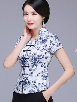 Blue White Floral  Qipao Cheongsam Blouse Top