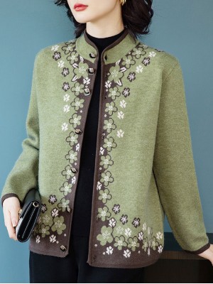 Green Floral Women Knit Buttons Cardigan Jacket