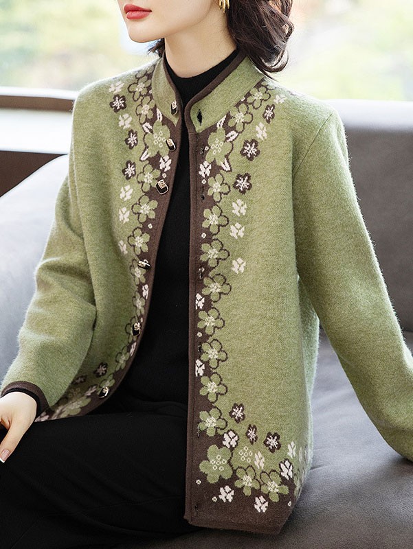 Green Floral Women Mothers Knit Buttons Cardigan Jacket