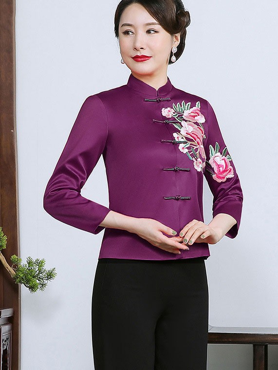 Purple Embroidered Floral Woman Qipao Cheongsam Jacket