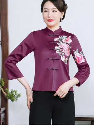 Purple Embroidered Floral Woman Qipao Cheongsam Jacket