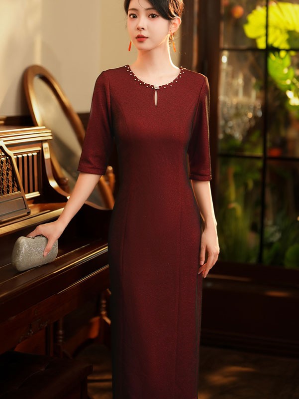 Burgundy Mothers Round Neck Midi Winter Qipao Cheongsam Dress