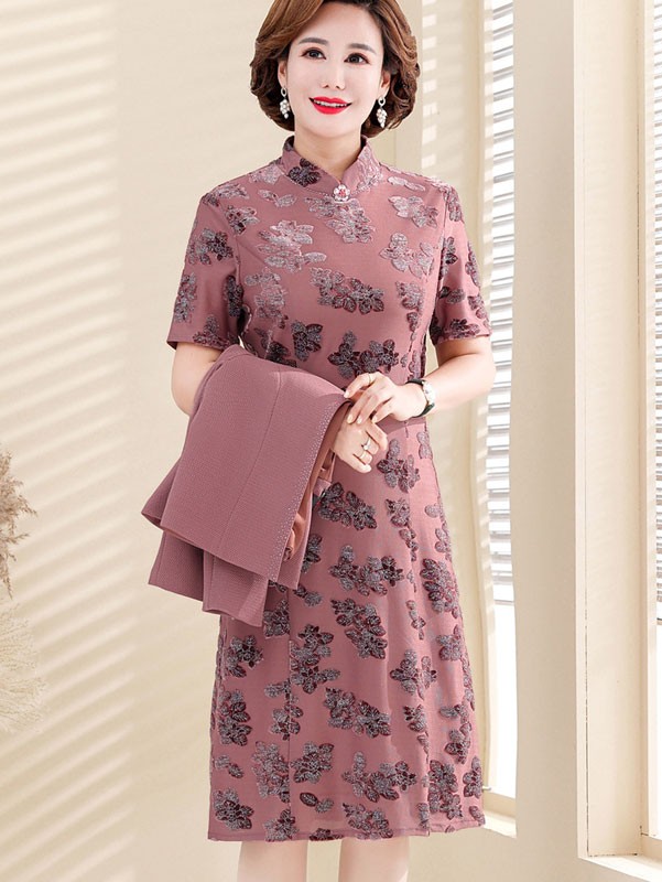 2 Pieces Mothers Floral Cheongsam Qipao Dress & Jacket