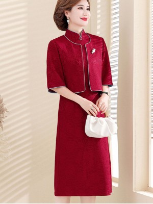 2 Pieces Red Mothers Jacquard Cheongsam Qipao Dress & Jacket