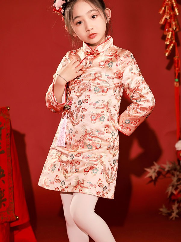 Pink Baby Girls Floral Phoenix Winter Qipao Cheongsam Dress