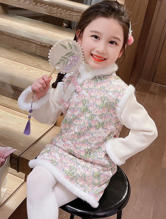 Baby Girls Rose Print Winter Qipao Cheongsam Dress