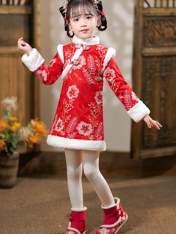 Pink Red Baby Girls Floral Winter Qipao Cheongsam Dress