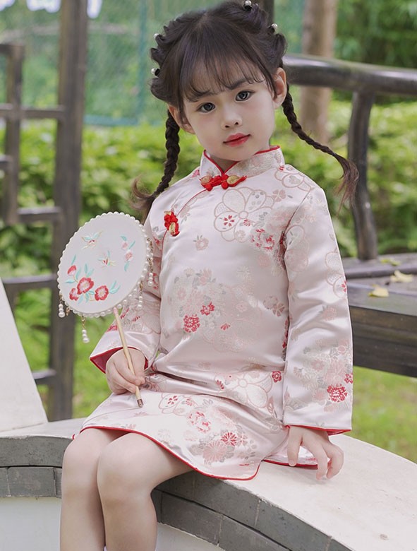 Pink Red Kid Girls Jacquard Floral Qipao Cheongsam Dress