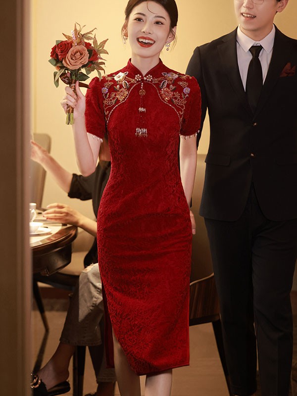 Burgundy Floral Lace Bride Midi Wedding Cheongsam Qipao Dress