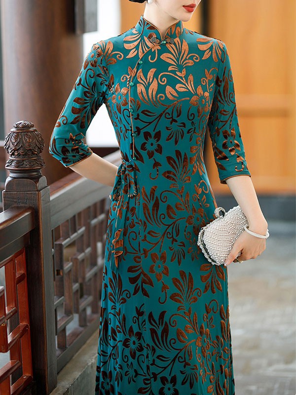 Red Sequined Velvet Mothers Maxi Cheongsam Qipao Dress