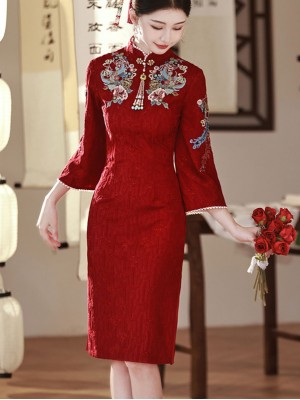 Burgundy Bell Sleeve Wedding Bride Cheongsam Qipao Dress