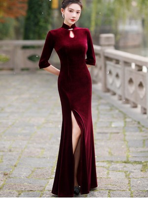 Velvet Red Purple Thigh Split Fishtail Qipao Cheongsam Dress