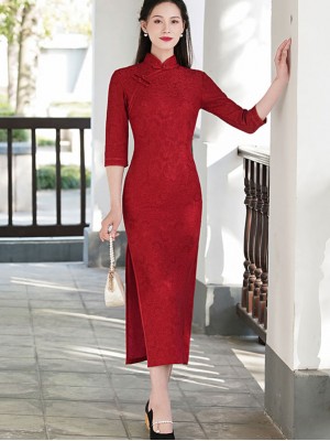 Red Lace Half Sleeve Long Qipao Cheongsam Party Dress