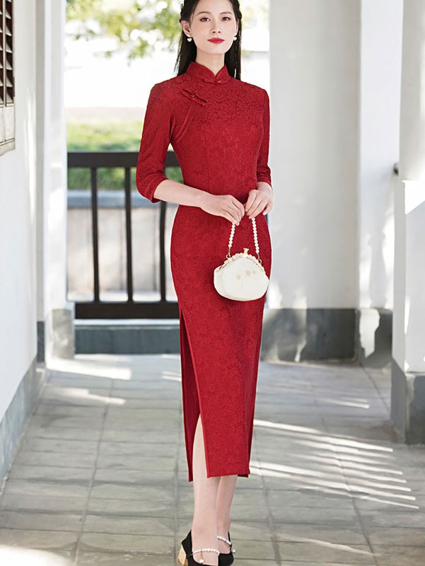 Red Lace Half Sleeve Long Qipao Cheongsam Party Dress