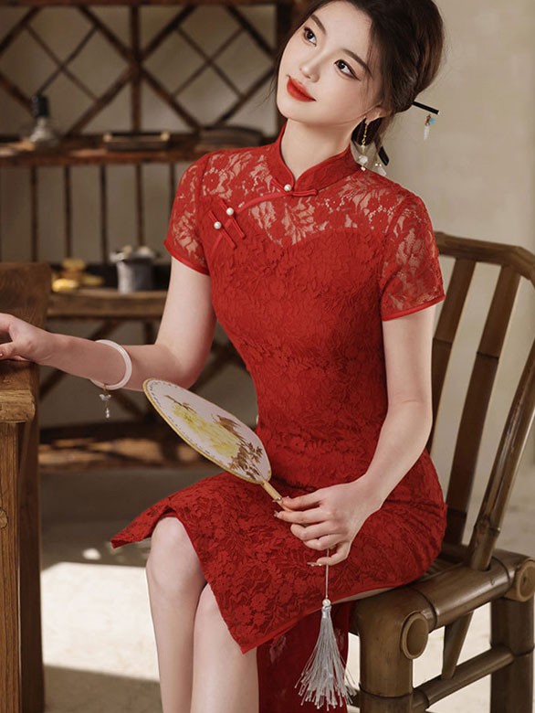 Red Floral Lace Midi Wedding Cheongsam Qipao Dress
