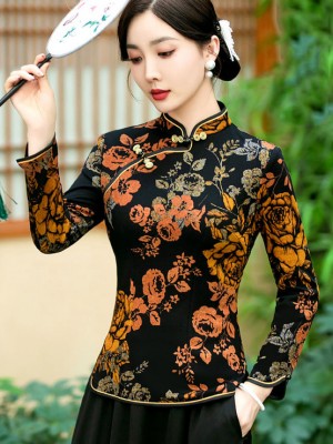 Mothers Floral Print Winter Cheongsam Blouse Top