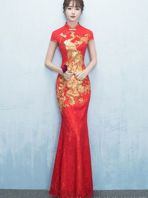 Red Sequined Phoenix Fishtail Qipao Cheongsam Wedding Dress