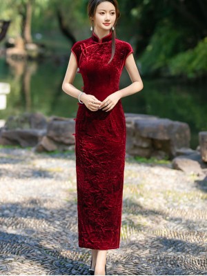 Red Blue Velvet Mothers Maxi Cheongsam Qipao Dress
