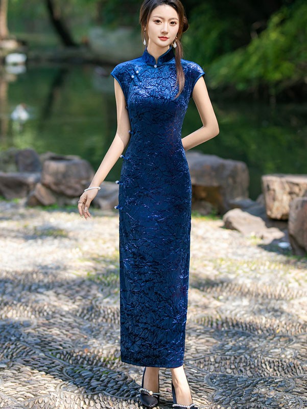 Red Blue Velvet Mothers Maxi Cheongsam Qipao Dress