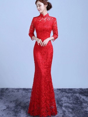 Red Lace Fishtail Bride Wedding Cheongsam Dress