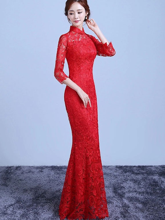 Red Lace Fishtail Bride Wedding Cheongsam Dress