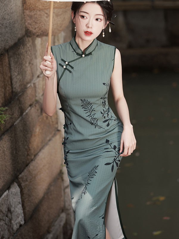 2024 Green Floral Cheongsam Qipao Dress