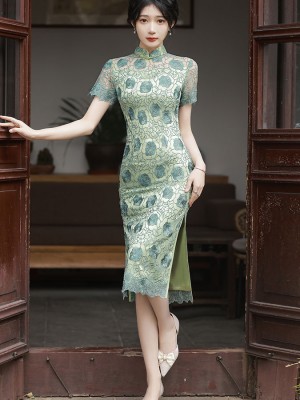 Green Rose Lace Midi Cheongsam Qipao Dress