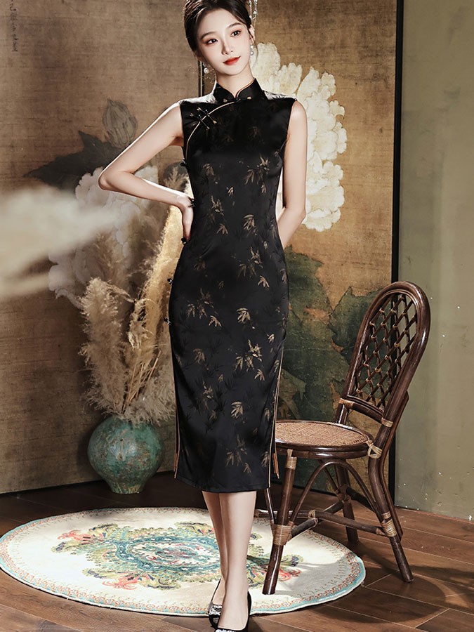 2024 Black Bronzing Bamboo Print Cheongsam Qipao Dress