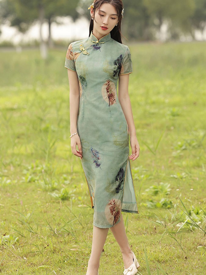 2024 Green Floral Linen Cheongsam Qipao Dress