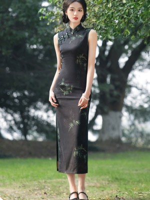 2026 Black Bamboo Print Cheongsam Qipao Dress