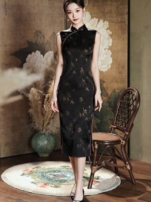 2026 Black Bronzing Bamboo Print Cheongsam Qipao Dress