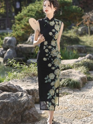 Black Color-blocking Floral Cheongsam Qipao Dress