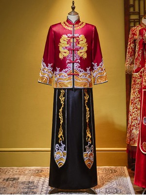 2026 Colorblock Men Dragon Wedding Qun Kwa Jacket & Skirt