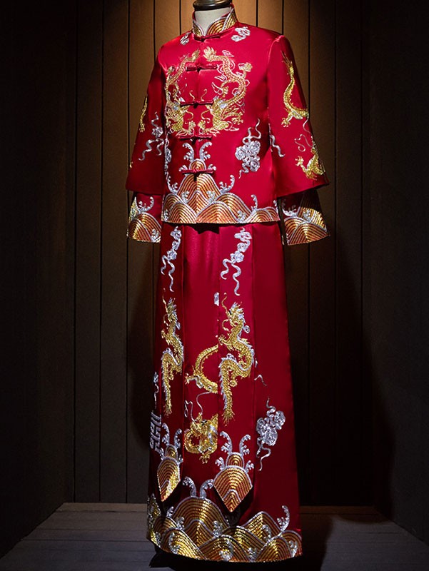 Red Embroidered Dragon Man Wedding Qun Kwa Jacket & Skirt