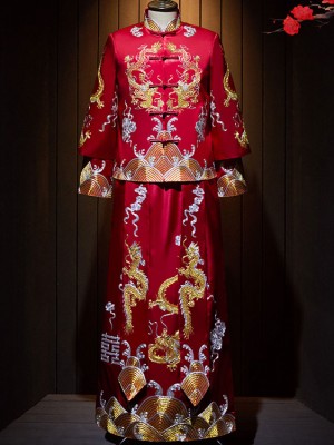 Red Embroidered Dragon Man Wedding Qun Kwa Jacket & Skirt