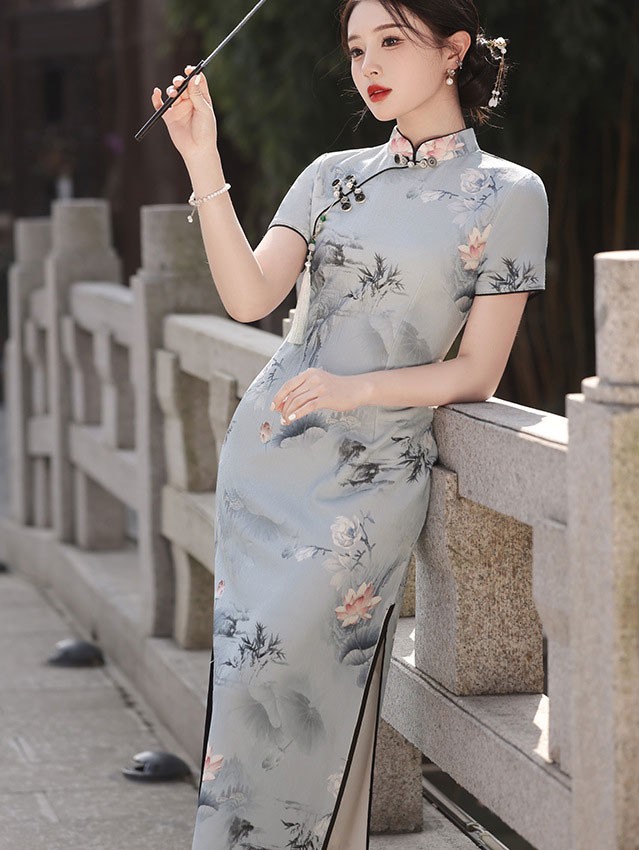 Gray Lotus Print Qipao / Cheongsam Dress