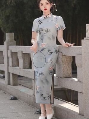 Gray Lotus Print Qipao / Cheongsam Dress