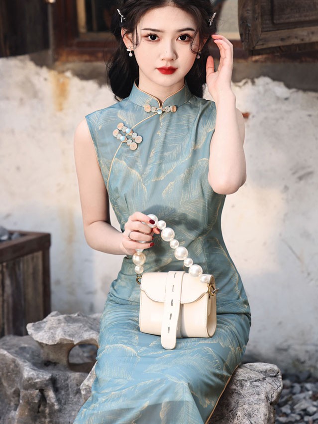 2024 Blue Leaf Print Midi Cheongsam Qipao Dress