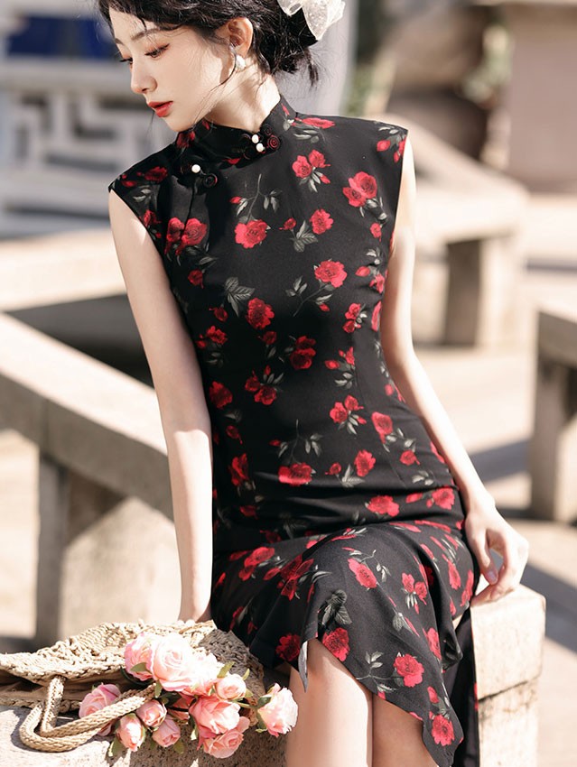 Black Rose Print Cheongsam Qipao Dress