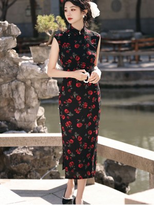 Black Rose Print Cheongsam Qipao Dress