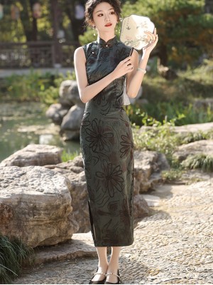 Green Floral Print Cheongsam Qipao Dress