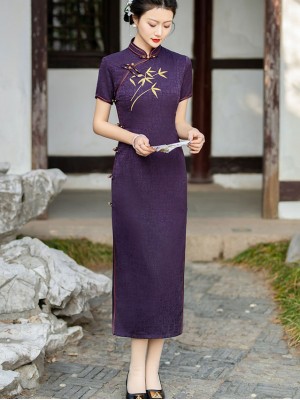 Purple Embroidered Bamboo Cheongsam Qipao Dress