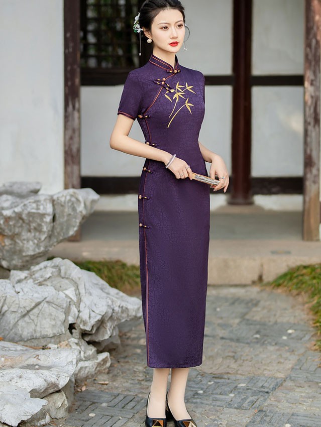 Purple Embroidered Bamboo Cheongsam Qipao Dress