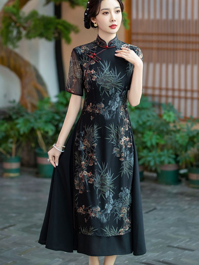 Black Floral Mothers Summer A-Line Cheongsam Qipao Dress