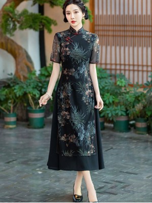 Black Floral Mothers Summer A-Line Cheongsam Qipao Dress