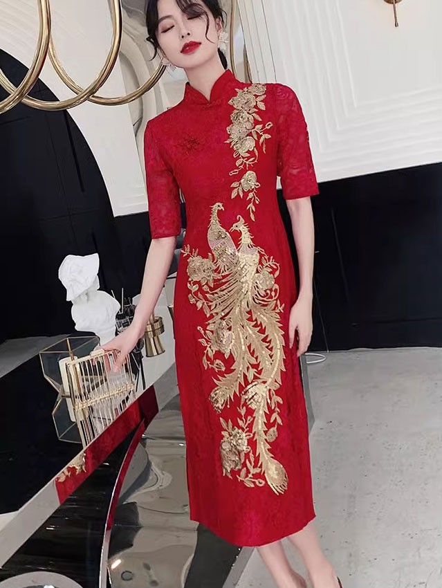 Red Lace Sequined Phoenix Bride Wedding Cheongsam Dress