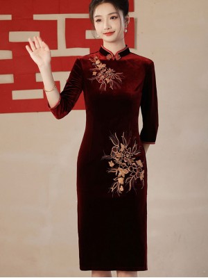 Red Velvet Mothers Embroidered Wedding Cheongsam Qipao Dress