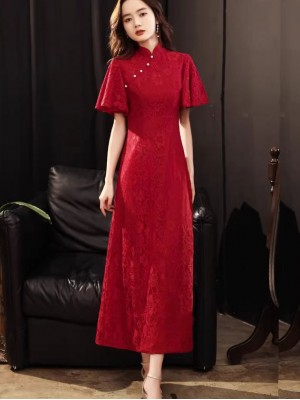 Red Lace Flutter Sleeve A-Line Qipao Cheongsam Dress