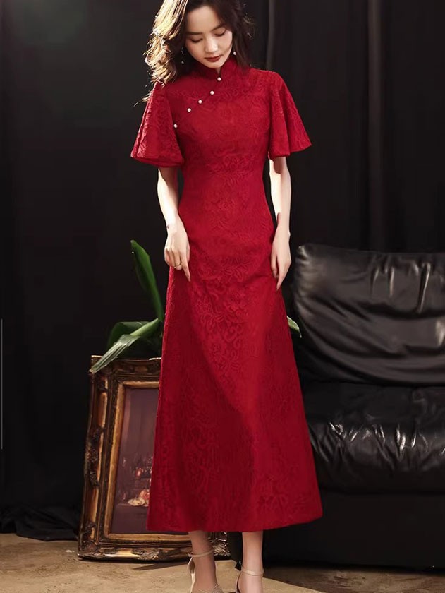 Red Lace Flutter Sleeve A-Line Qipao Cheongsam Dress